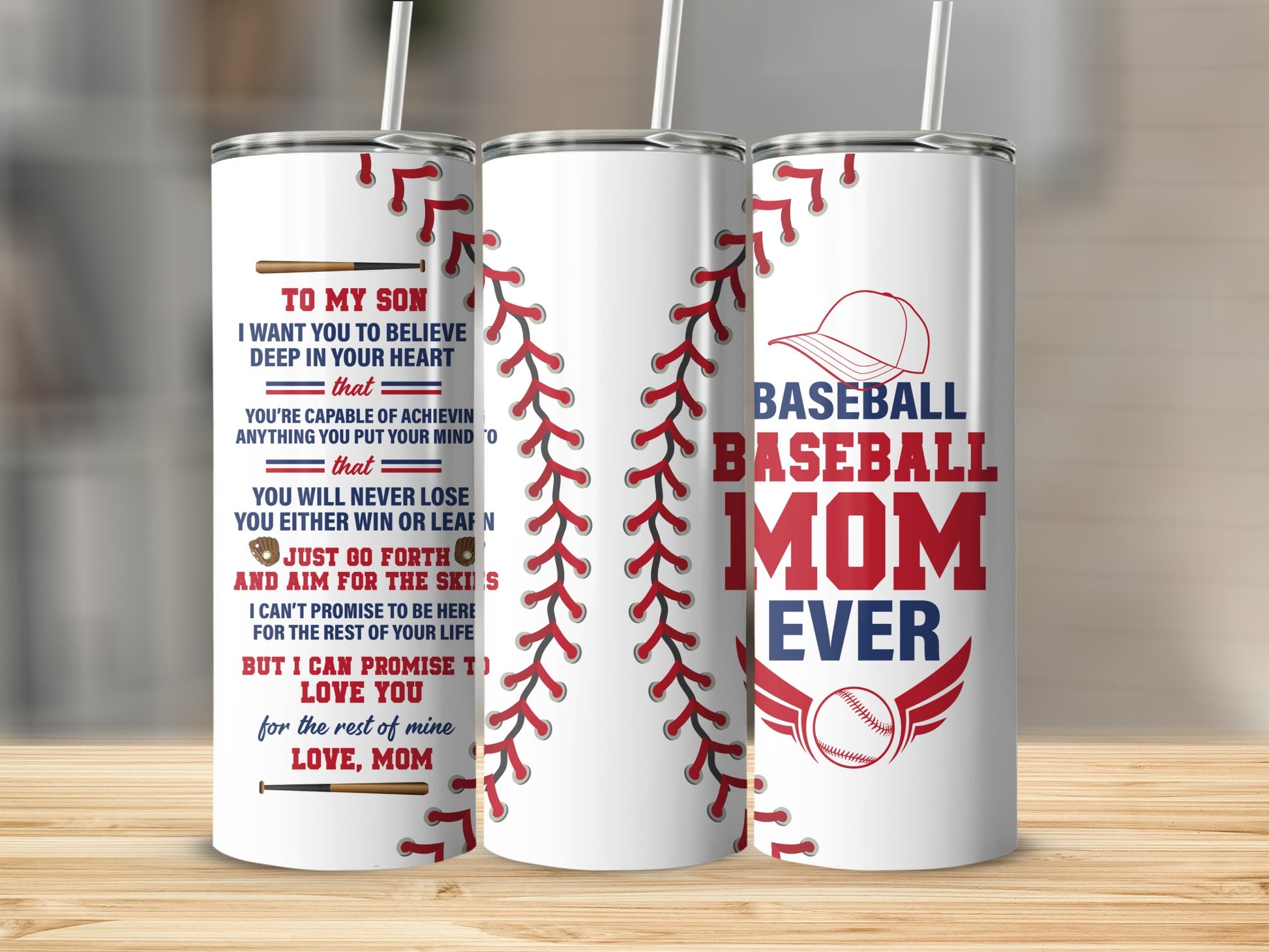 Tumbler with baseball stitching and "Baseball Mom Ever" text.