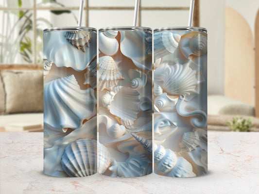 Three tumblers with a detailed seashell pattern on a white background.