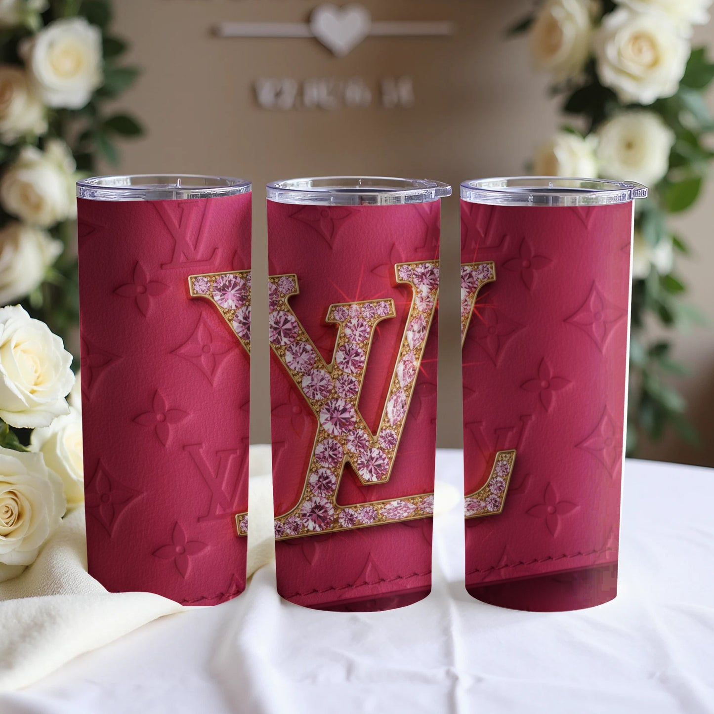 Pink Floral Monogram Design Insulated Tumbler Cup
