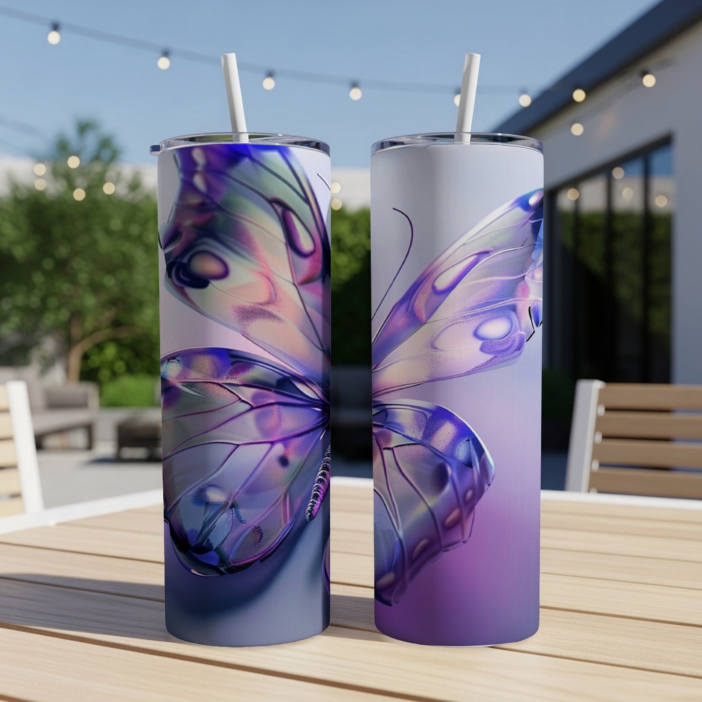 Two iridescent butterfly wings wrap around two white tumblers on a wooden table.