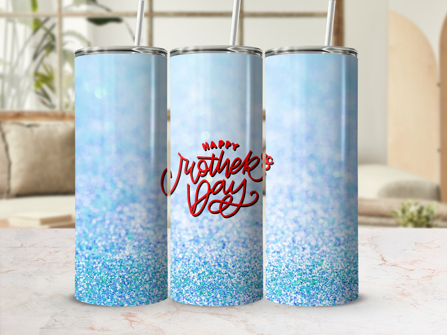 Blue glitter tumbler with "Happy Mother's Day" text.