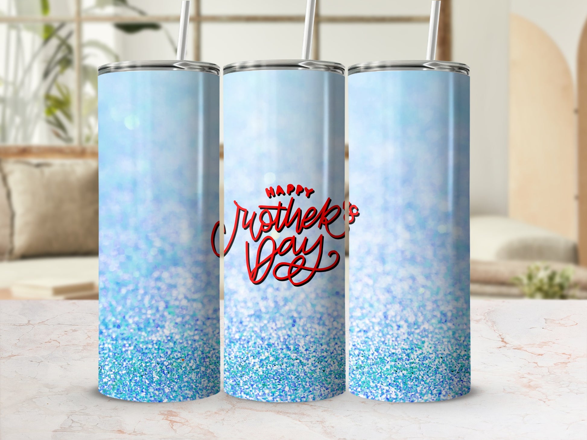 Blue glitter tumbler with "Happy Mother's Day" text.