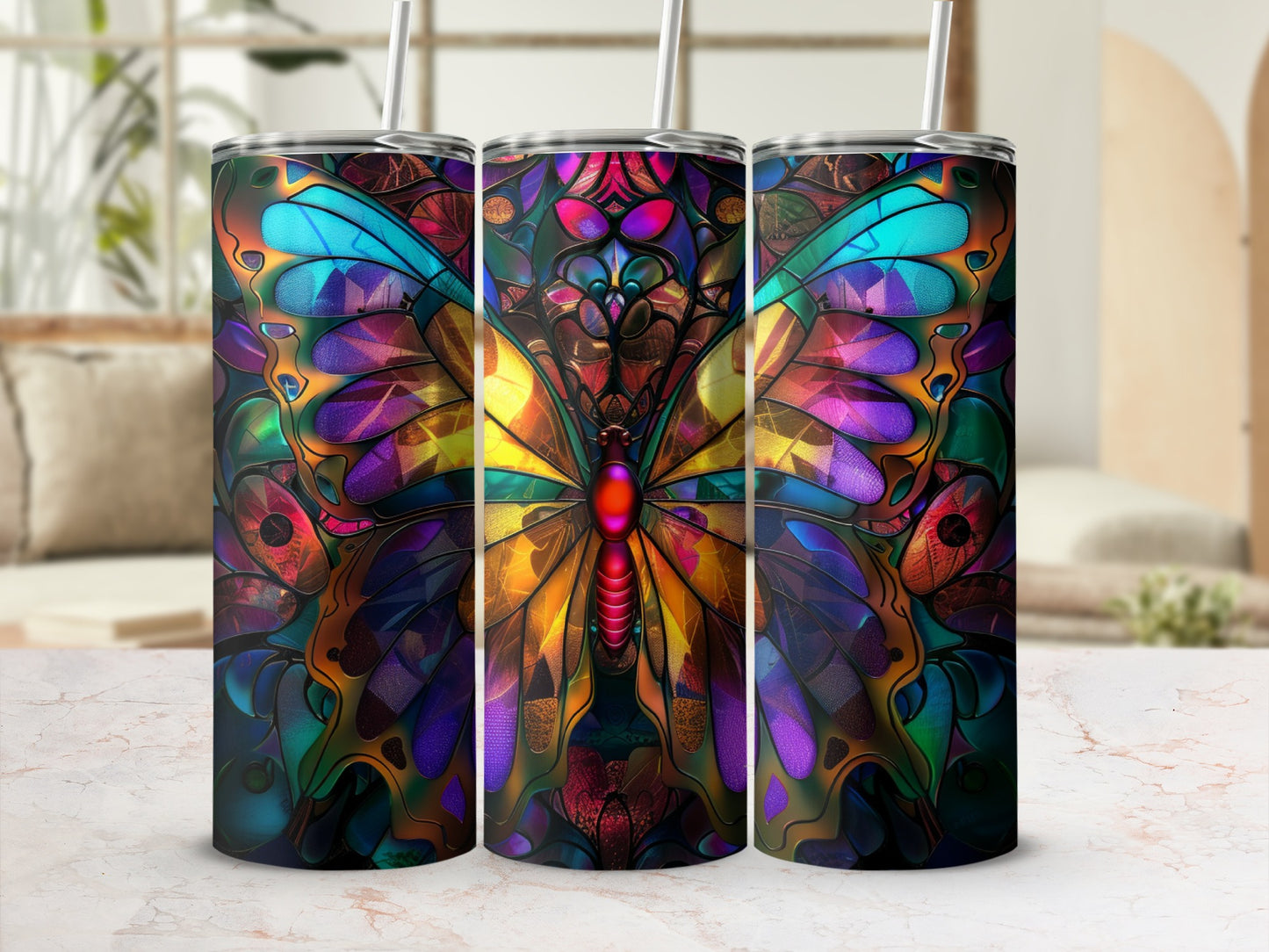 Triptych tumbler with a vibrant stained-glass butterfly design.