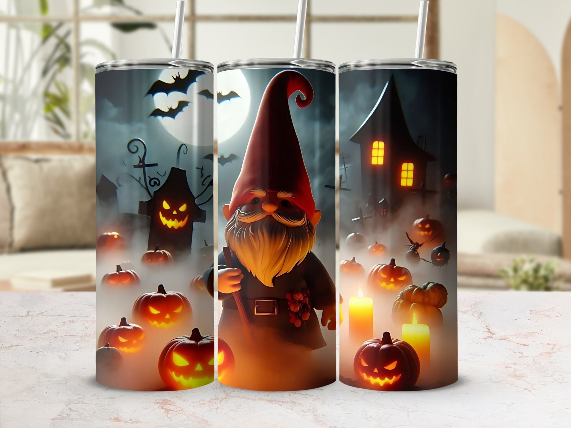 Halloween tumbler with gnome, pumpkins, bats, and spooky house design.