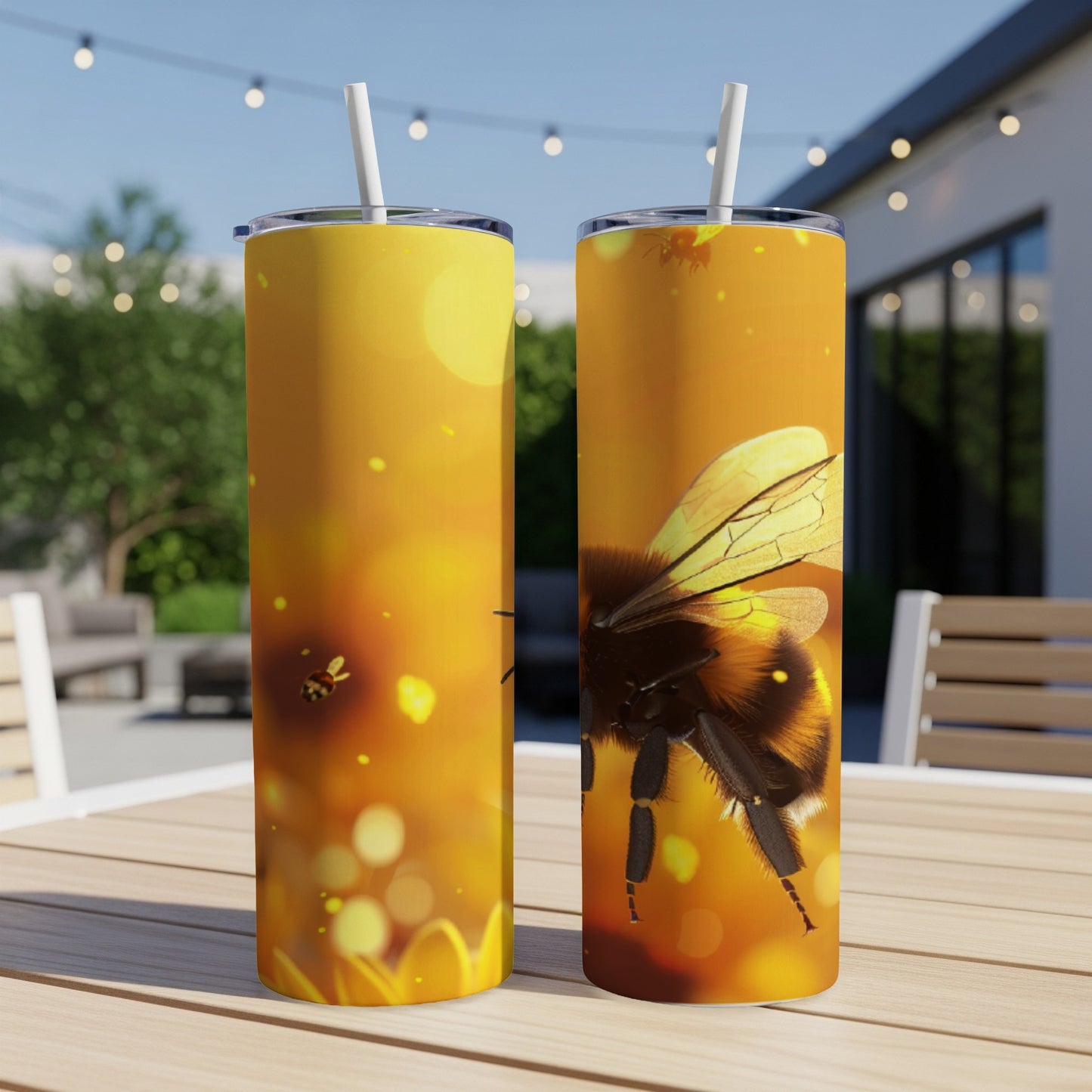 Two tumblers with close-up bee illustration on yellow background.