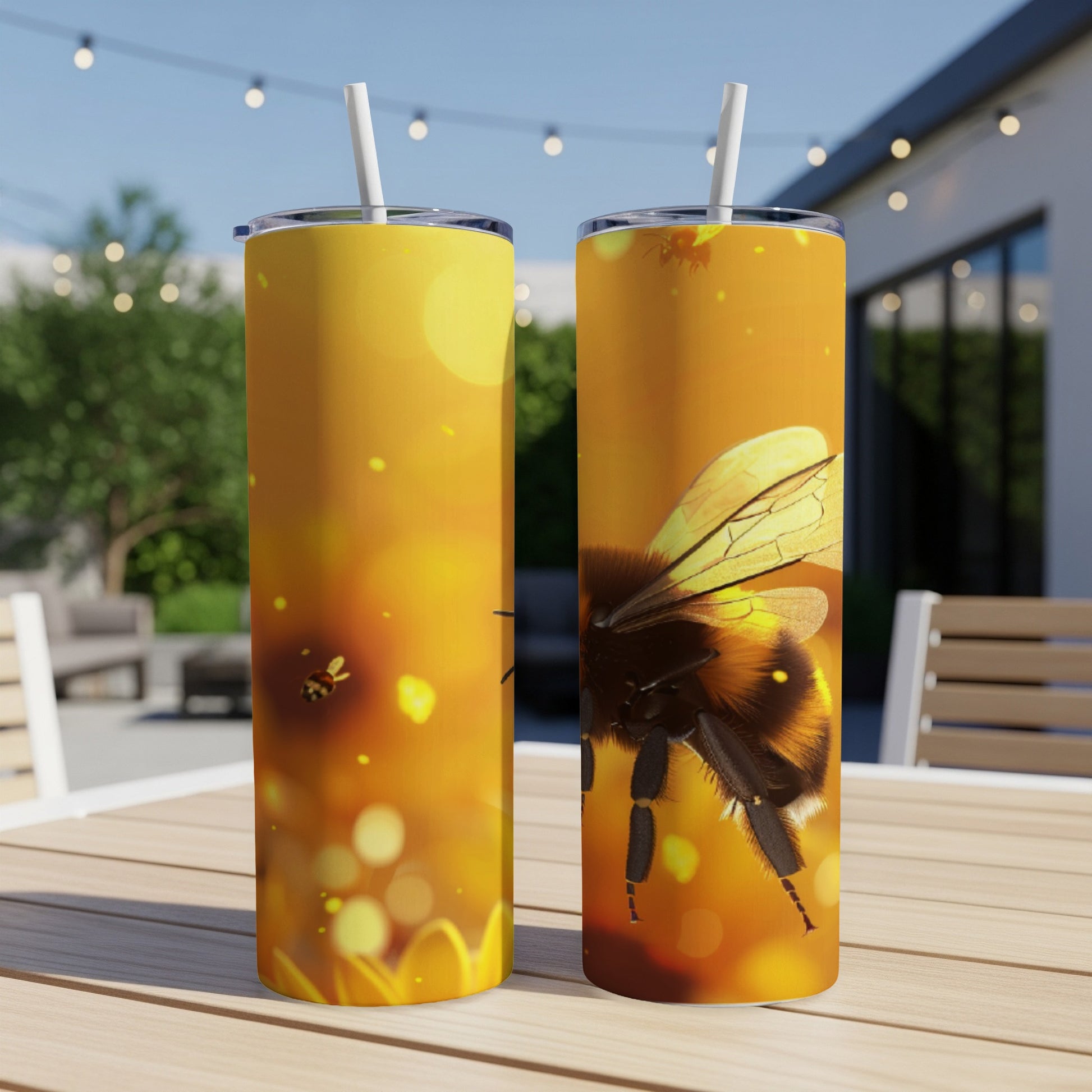 Two tumblers with close-up bee illustration on yellow background.
