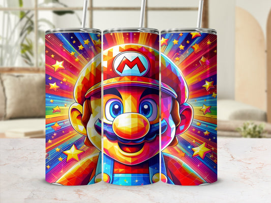 Mario character with colorful starry background on a tumbler.