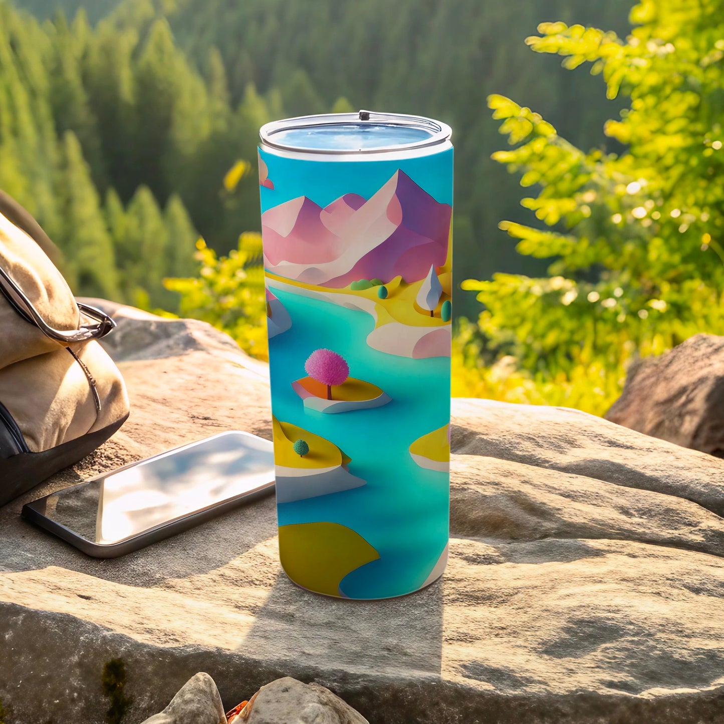 Tall tumbler with abstract landscape design sits on rocks near a backpack and phone.