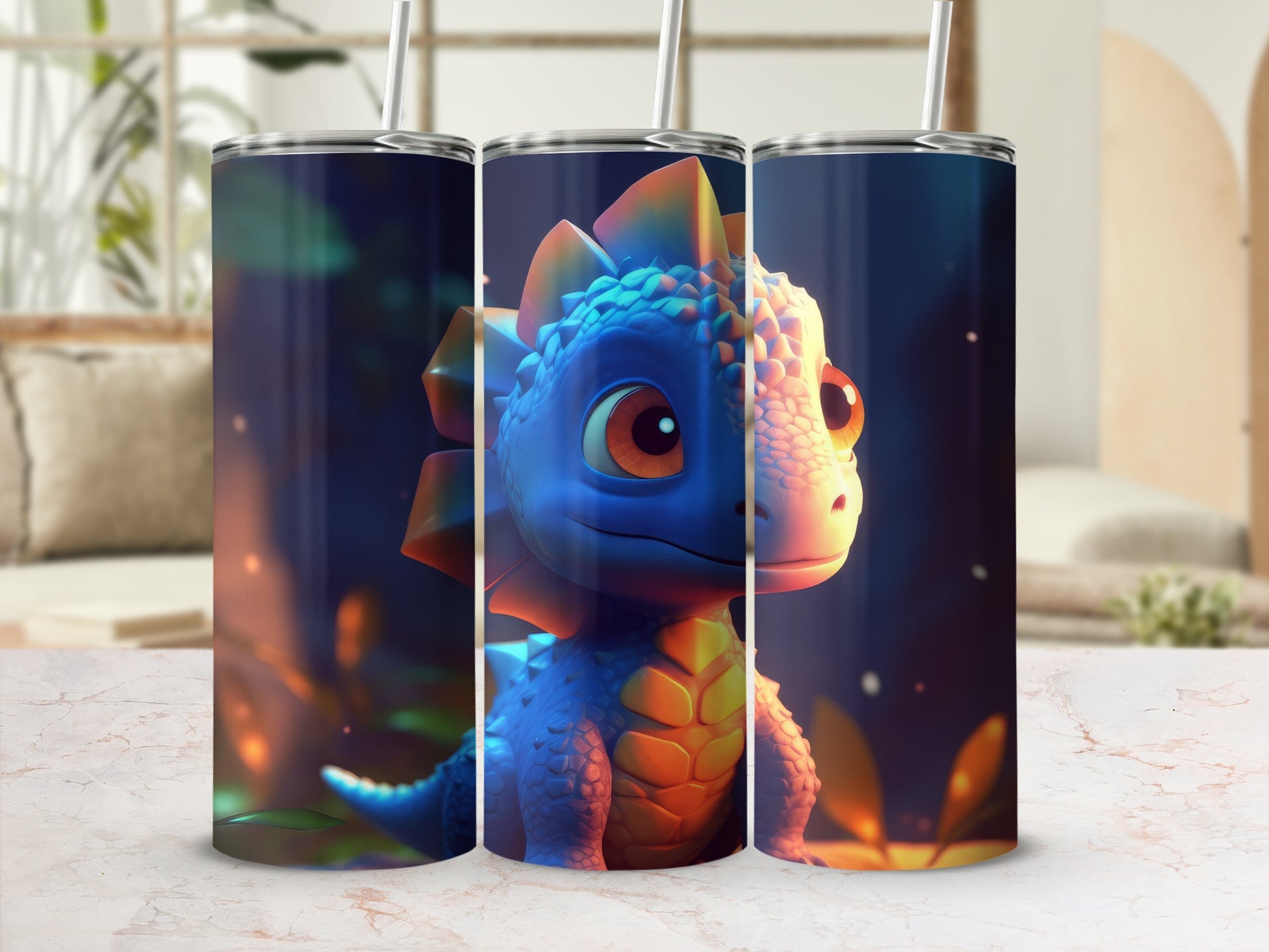 Cute Blue Baby Dinosaur Tumbler with Straw for Kids