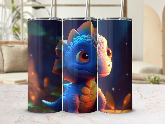 Cute Blue Baby Dinosaur Tumbler with Straw for Kids