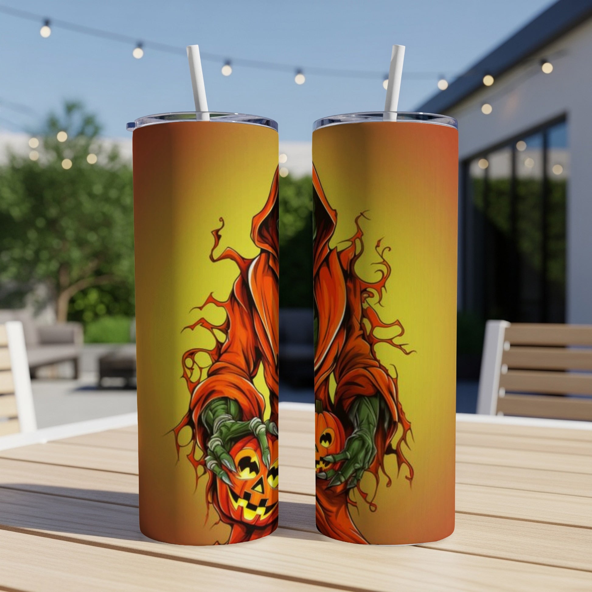 Two tumblers with a grim reaper holding carved pumpkins on a yellow-orange gradient background.
