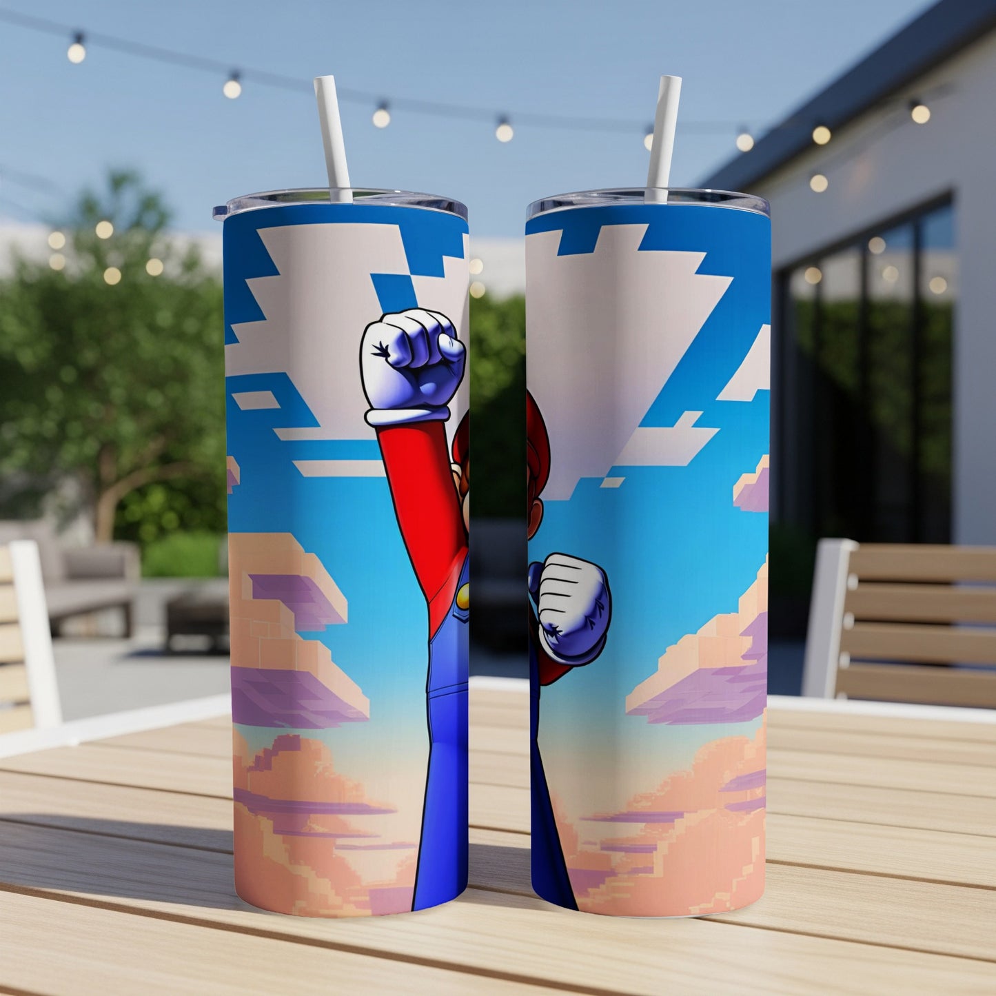 Mario in heroic pose with pixelated clouds and blue sky on a tumbler.