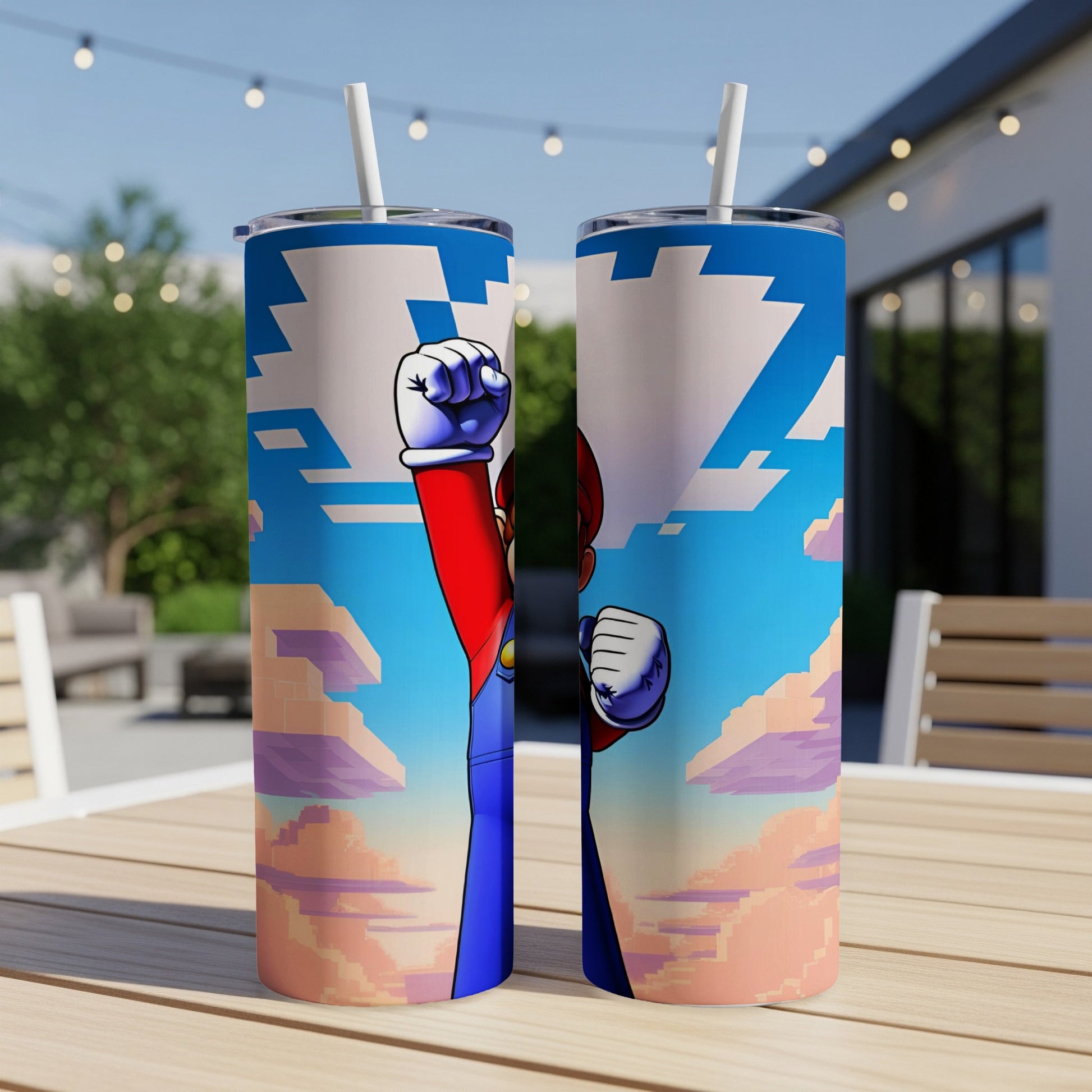 Mario in heroic pose with pixelated clouds and blue sky on a tumbler.