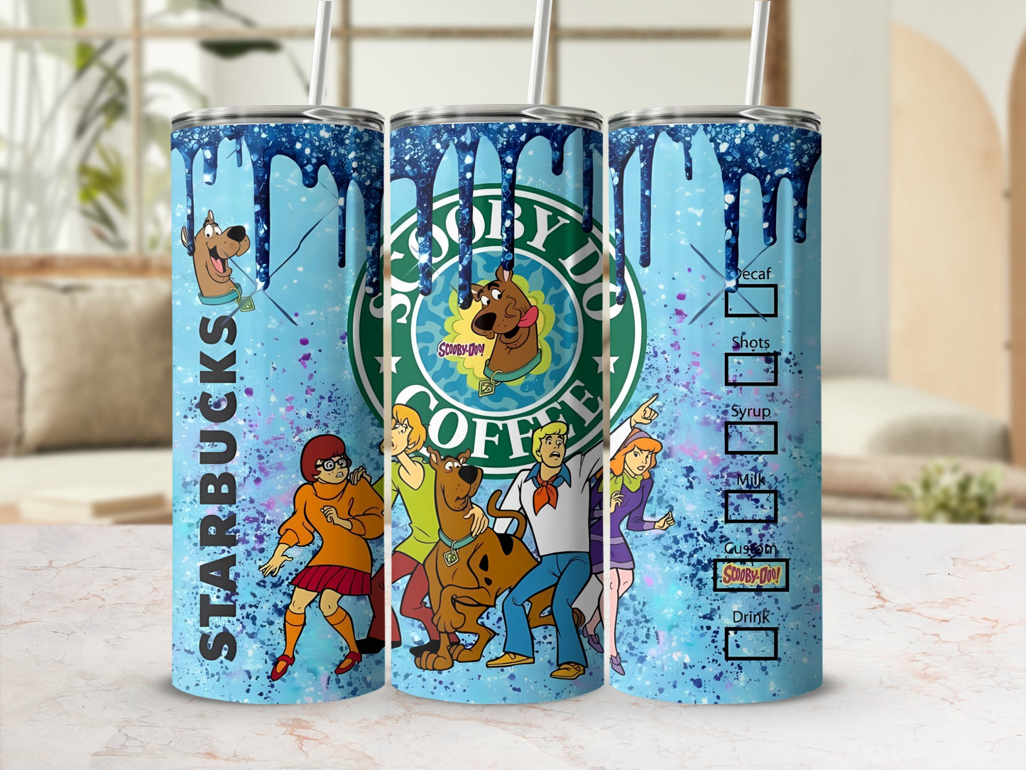 Scooby-Doo Starbucks custom drink tumbler with character graphics and drink order text.
