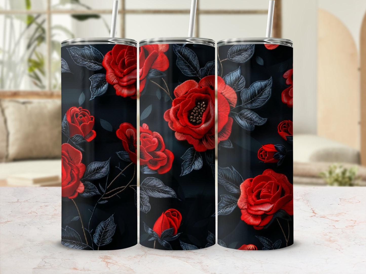 Black tumbler with red embroidered roses and dark green leaves pattern.