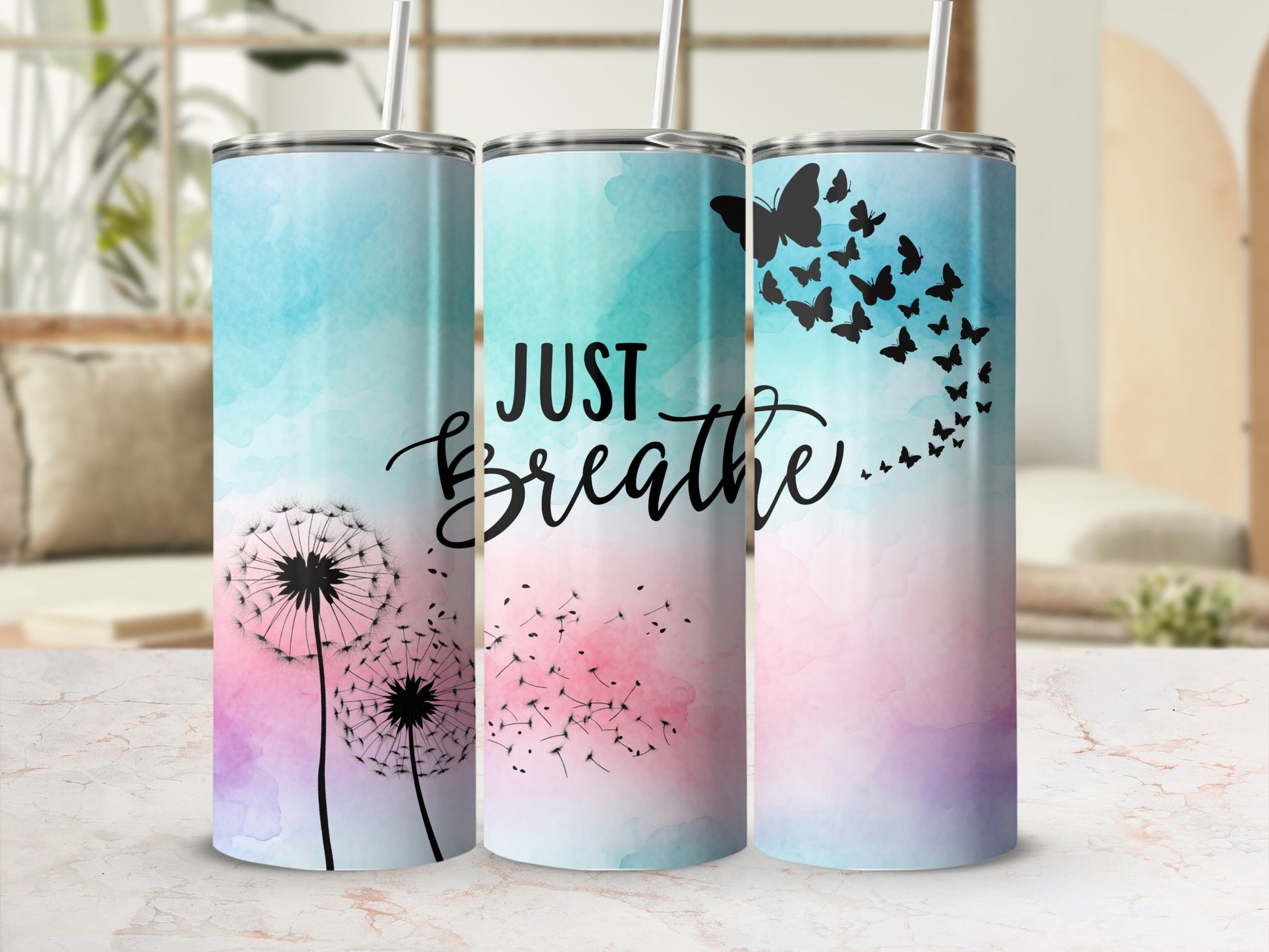Just Breathe Dandelion and Butterfly Tumbler