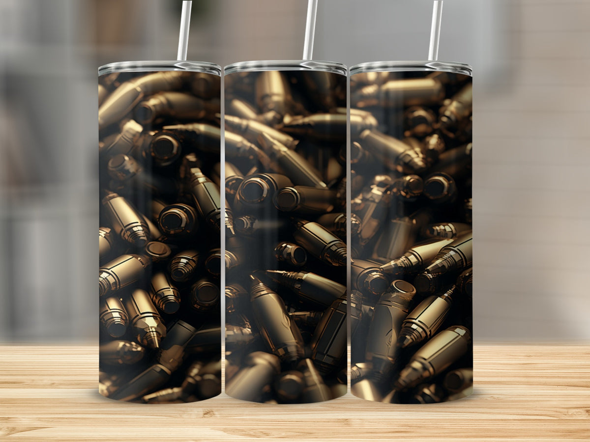 Three tumblers displaying a seamless pattern of gold bullet casings.