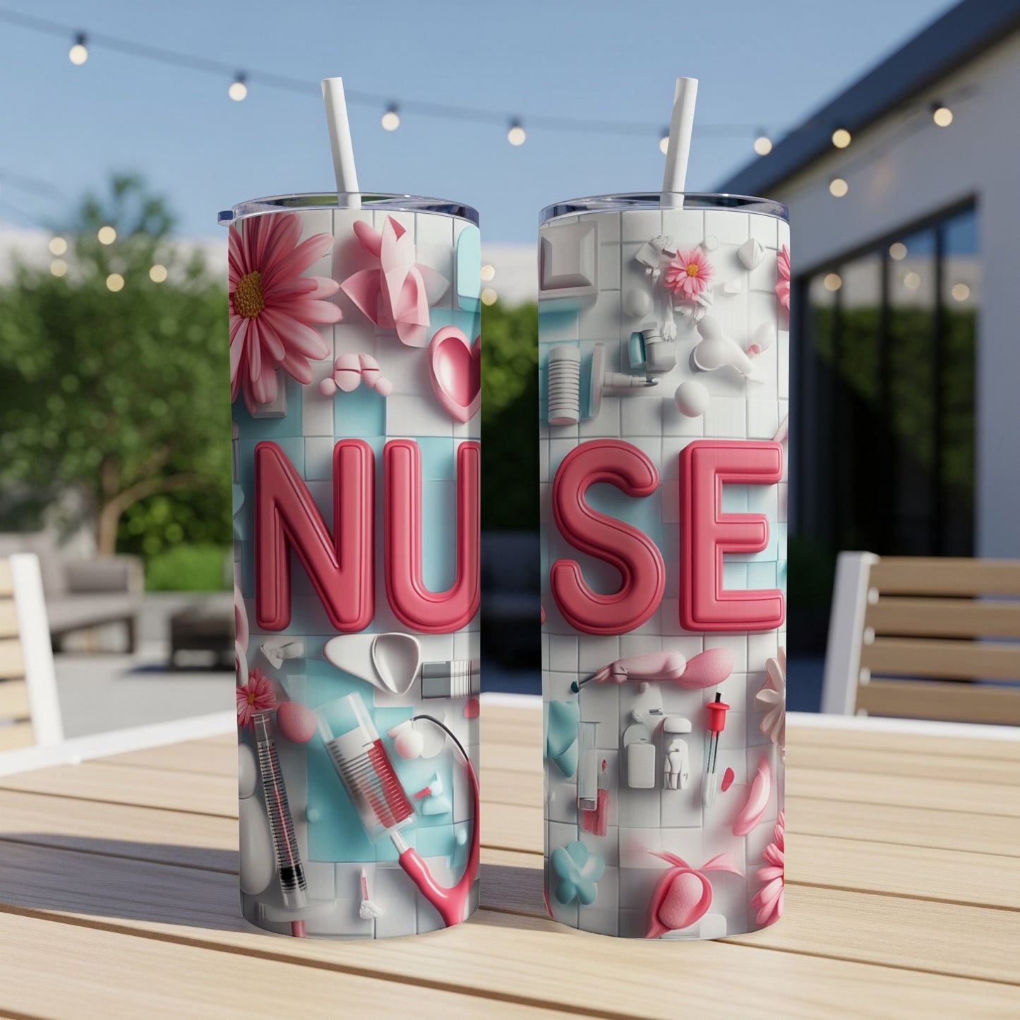 Two nurse-themed tumblers with "NURSE" text and medical icons.
