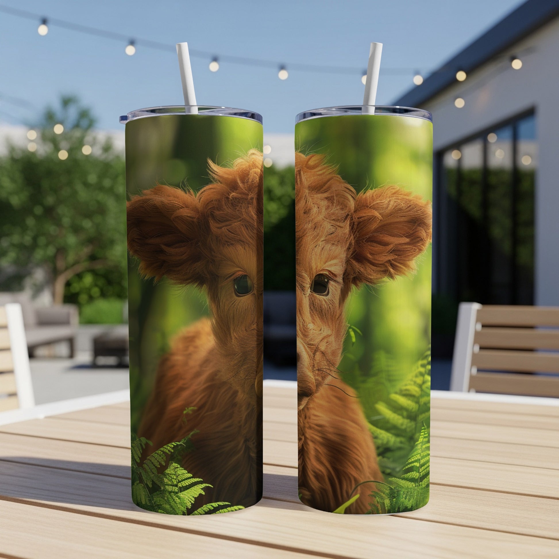 Highland cow portrait on a dual-sided tumbler with straw.
