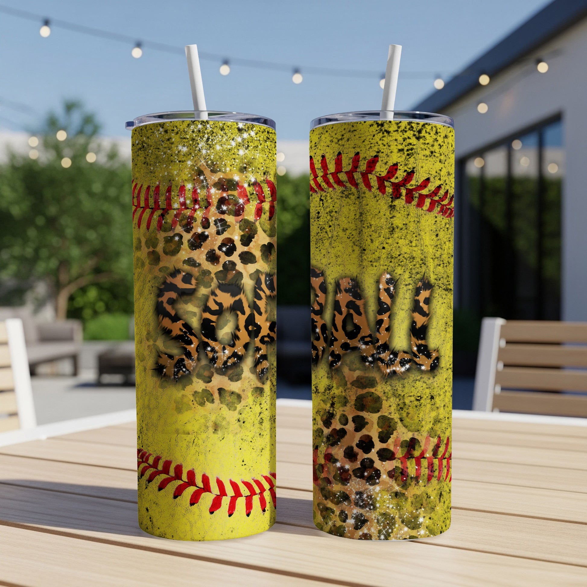 Yellow softball tumbler with leopard print and "Softball" text.