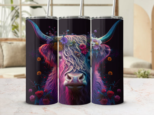 Highland cow with floral wreath, presented in three vertical panels.