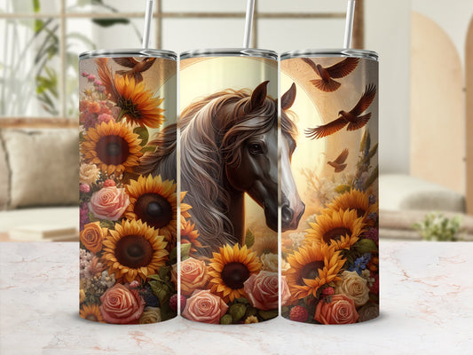 Horse and sunflowers on a tumbler with birds and a sunset background.