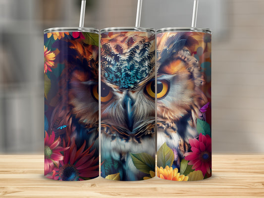 Three tumblers featuring a close-up owl portrait with flowers.