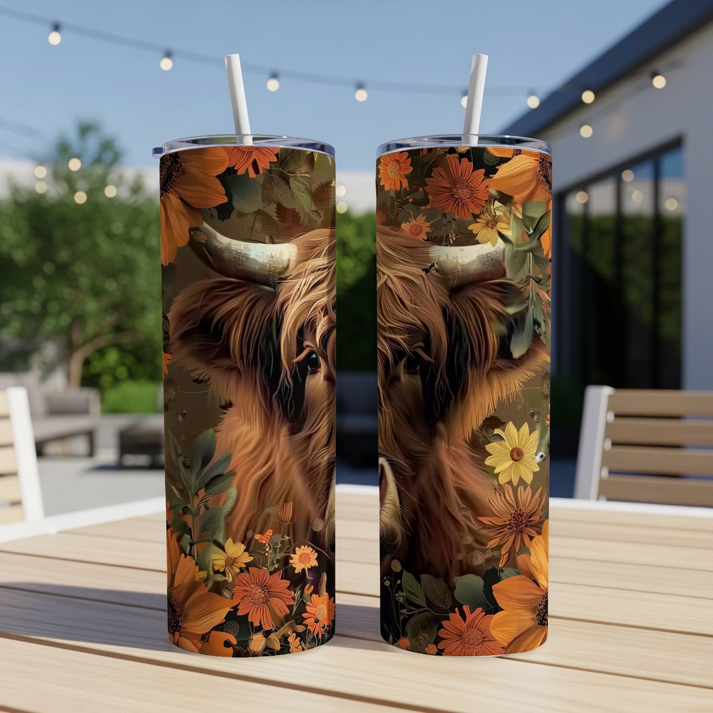 Highland cow and floral art on two tumblers on a table.