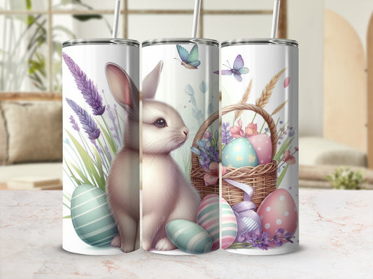 Easter themed tumbler with a bunny, basket of eggs, and lavender.