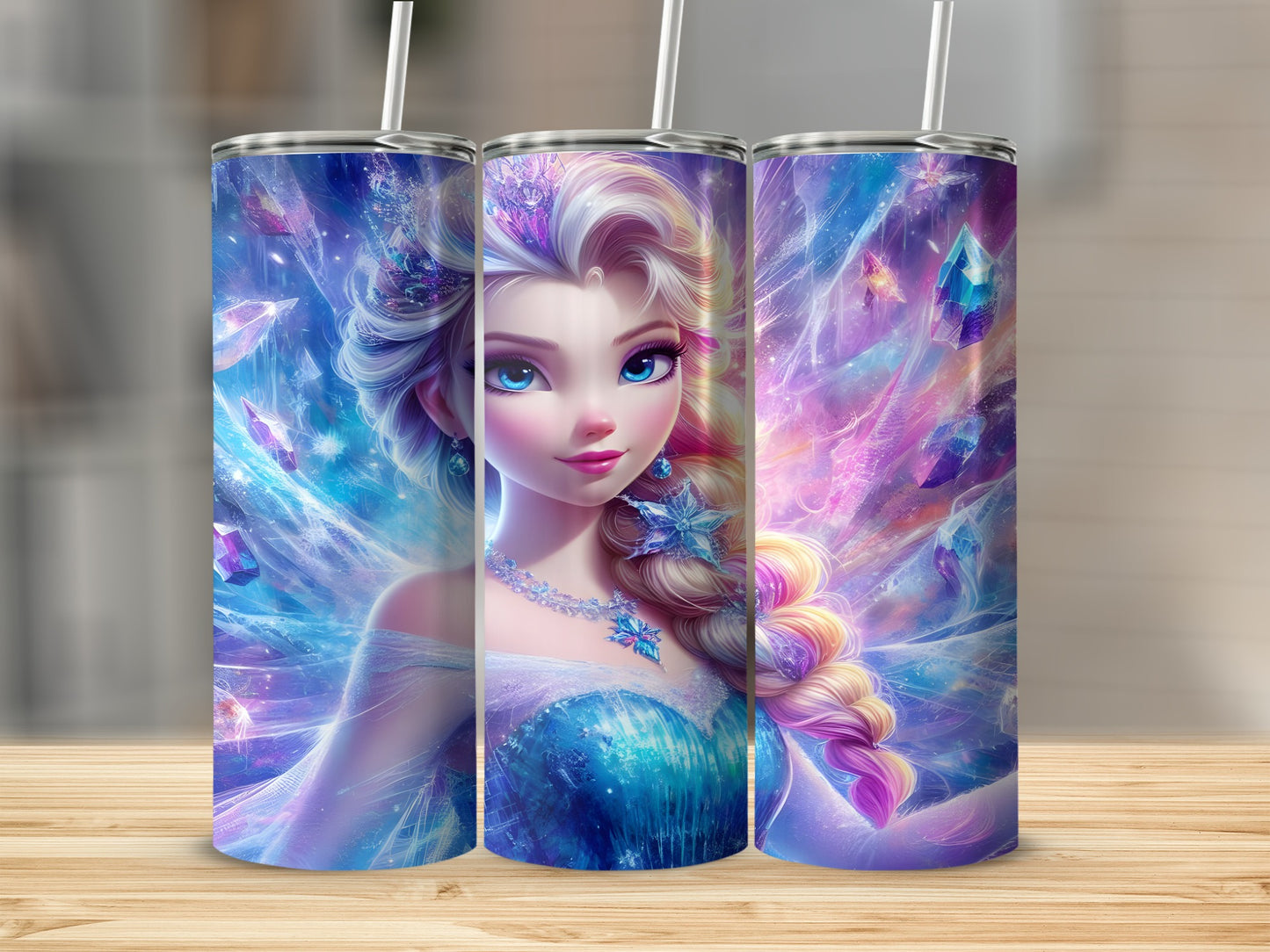Elsa from Frozen with swirling blue and purple crystals.
