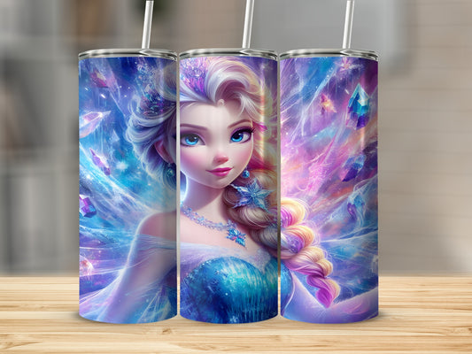 Elsa from Frozen with swirling blue and purple crystals.