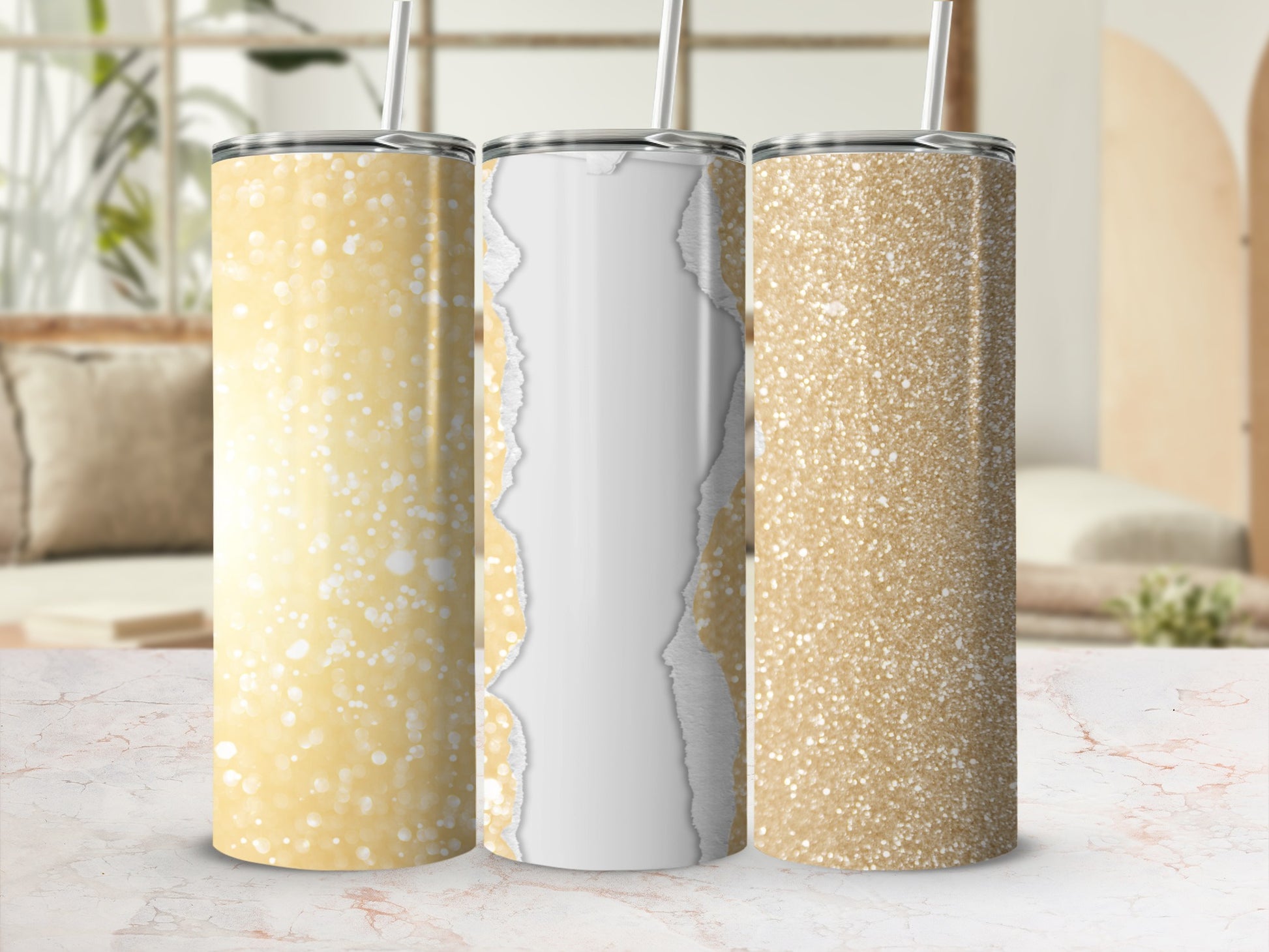 Three glitter tumblers with bokeh and ripped paper designs.