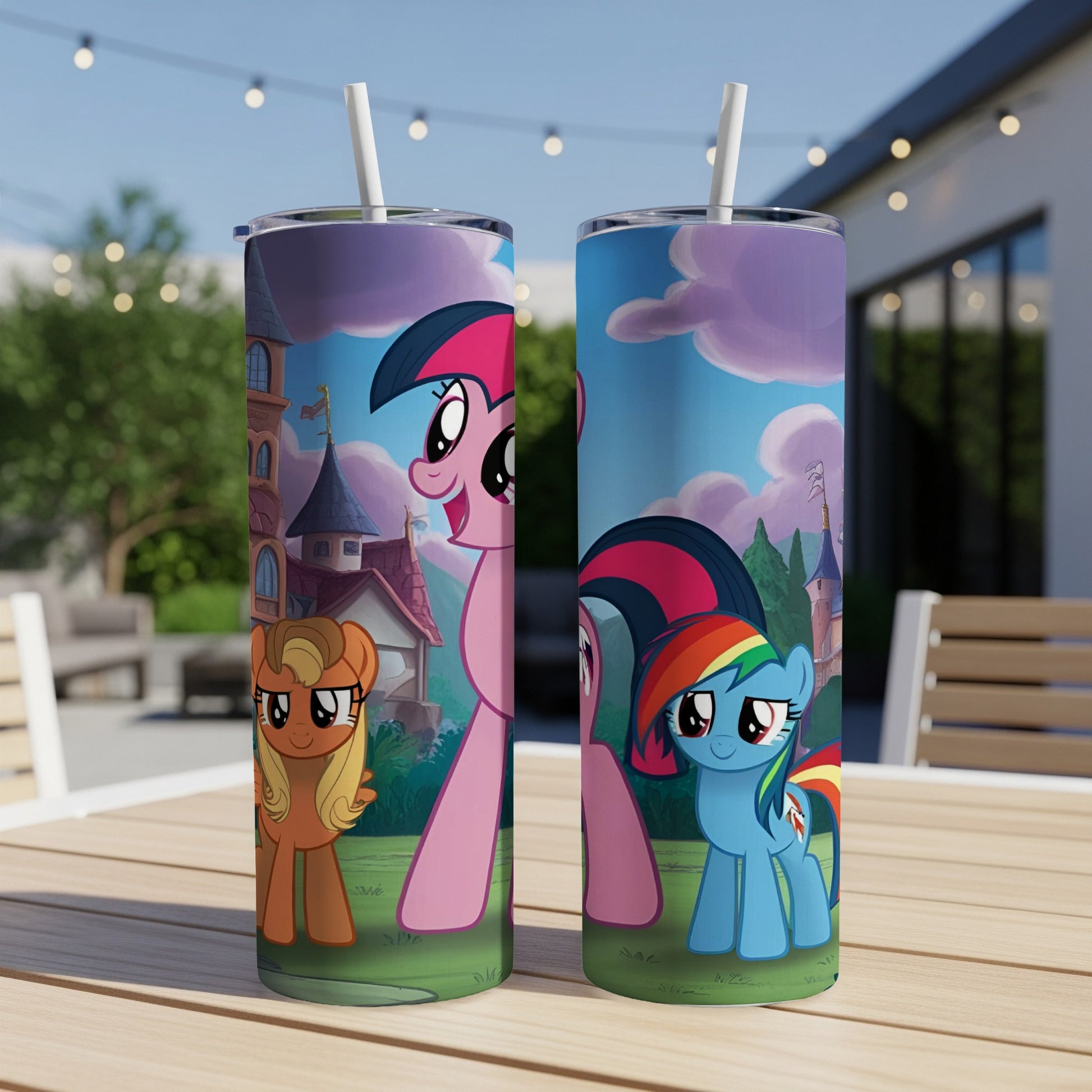 My Little Pony characters Applejack and Rainbow Dash on a blue tumbler.