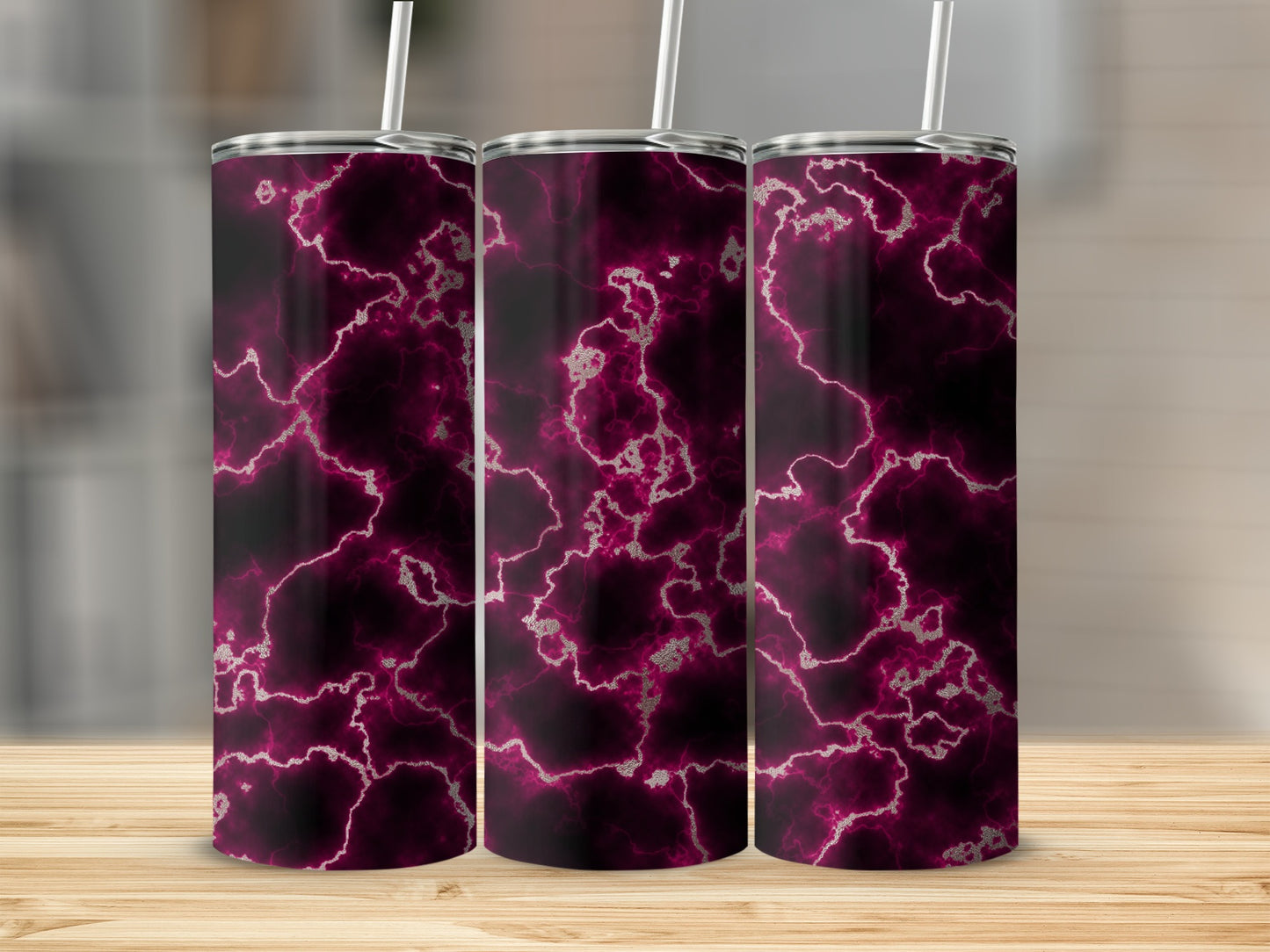 Three dark tumblers with a magenta lightning bolt marble pattern.