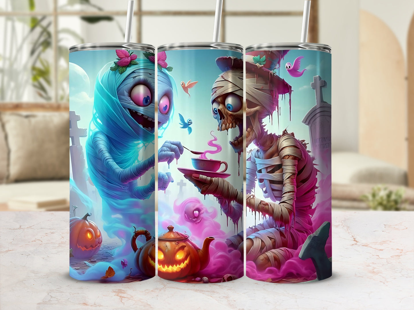 Halloween tumblers featuring mummy and skeleton characters with spooky pumpkins and graveyard elements.