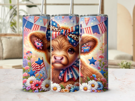 Cute cow with patriotic bow, stars, and flags.