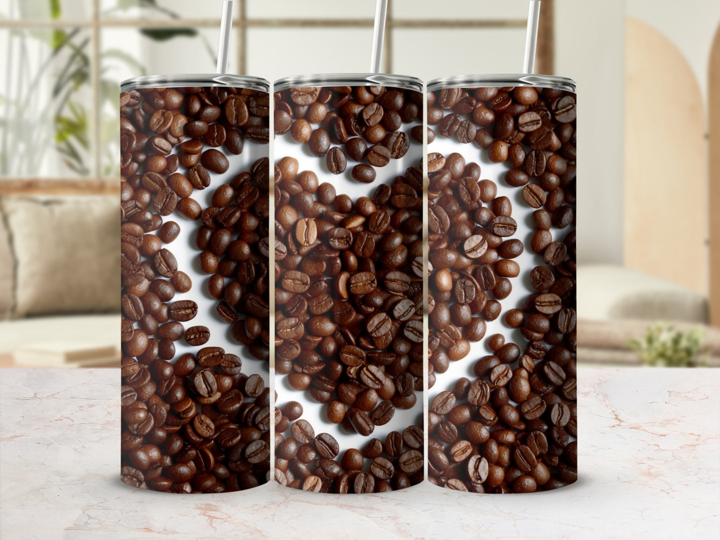 Three tumblers featuring a heart shape made of coffee beans.