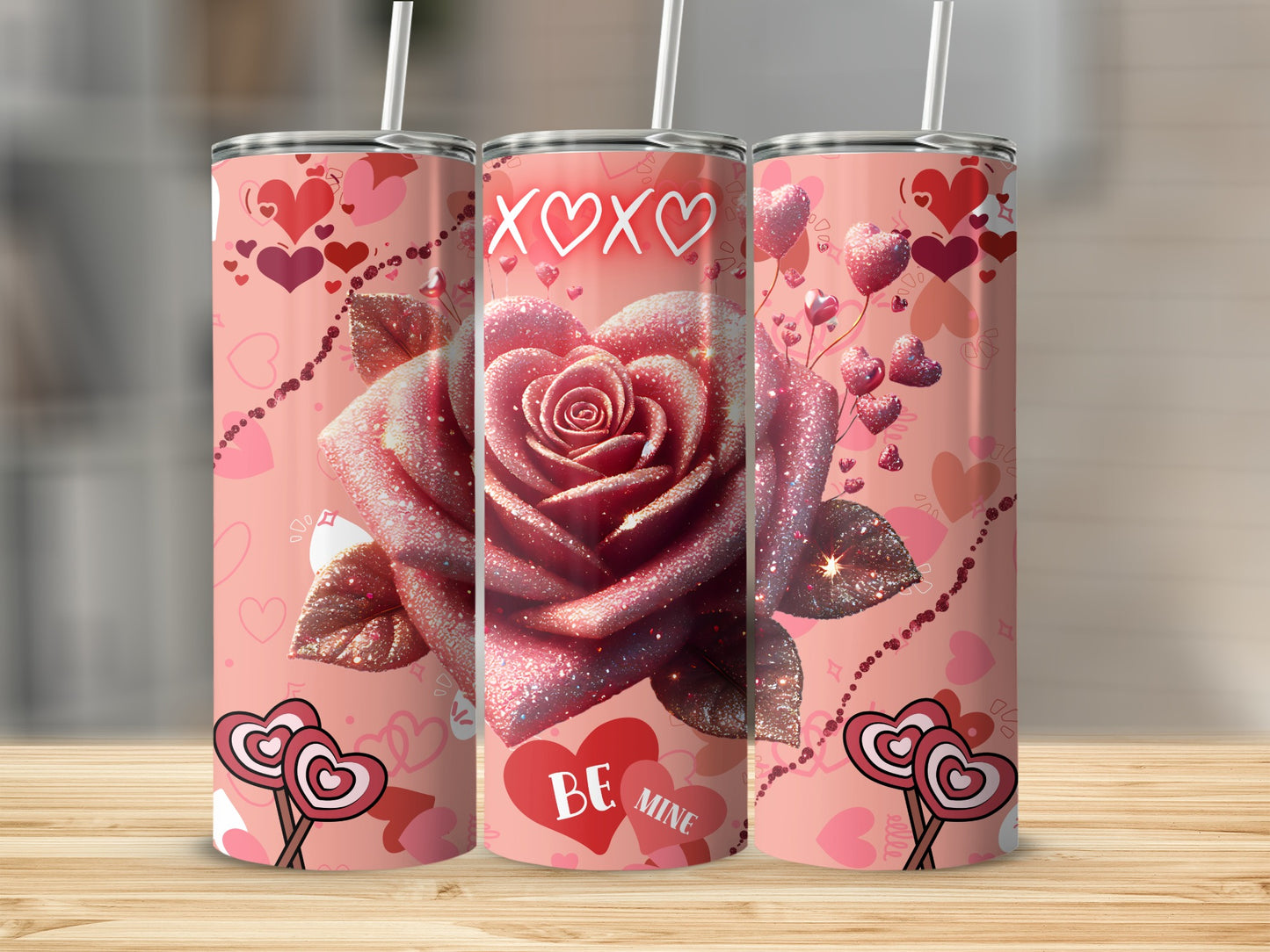 Be Mine Glitter Sparkle Rose Heart Art Tumbler