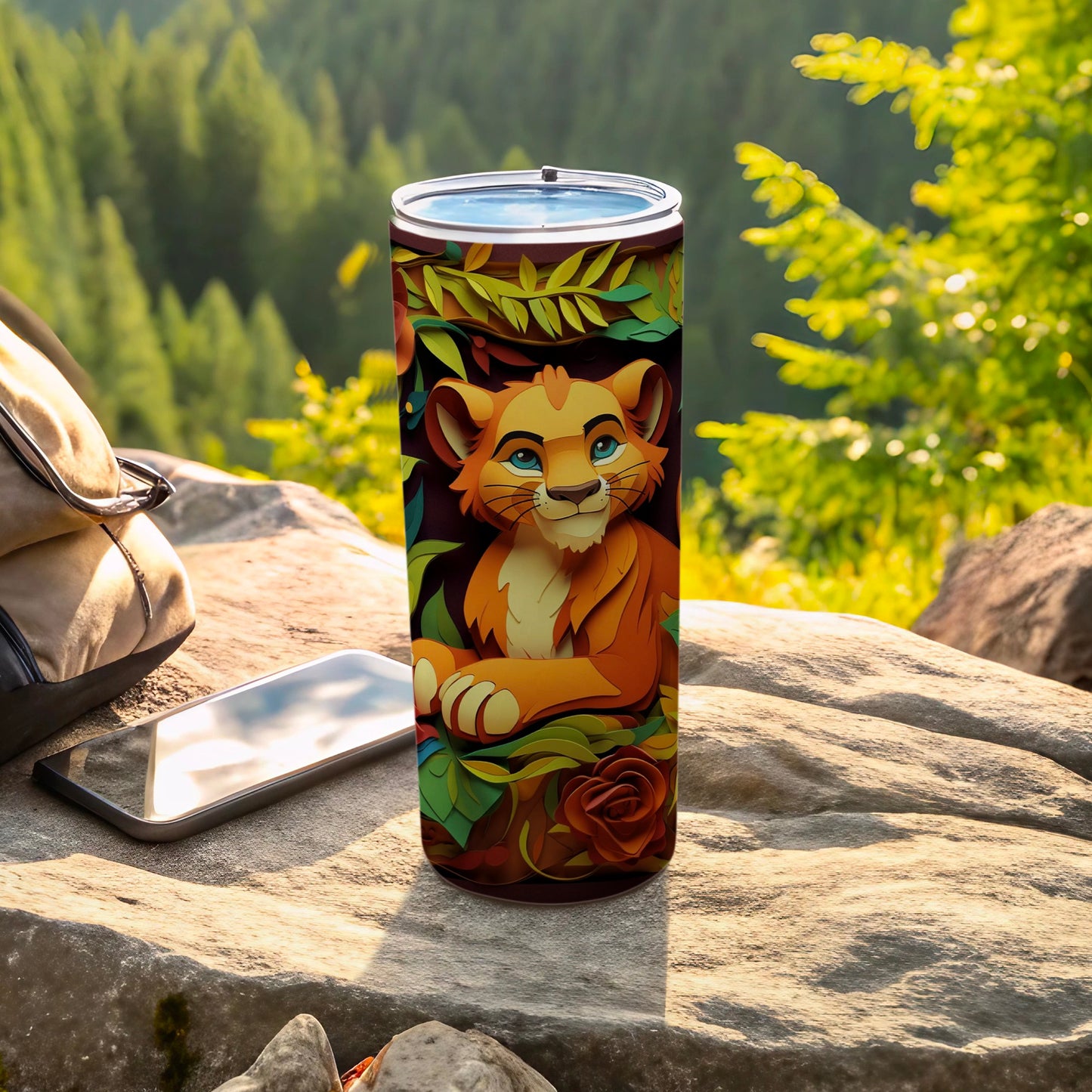 Colorful Cartoon Lion and Leaves Tumbler Product