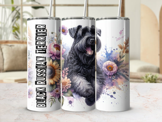 Black Russian Terrier illustration with floral watercolor splashes on a tumbler.