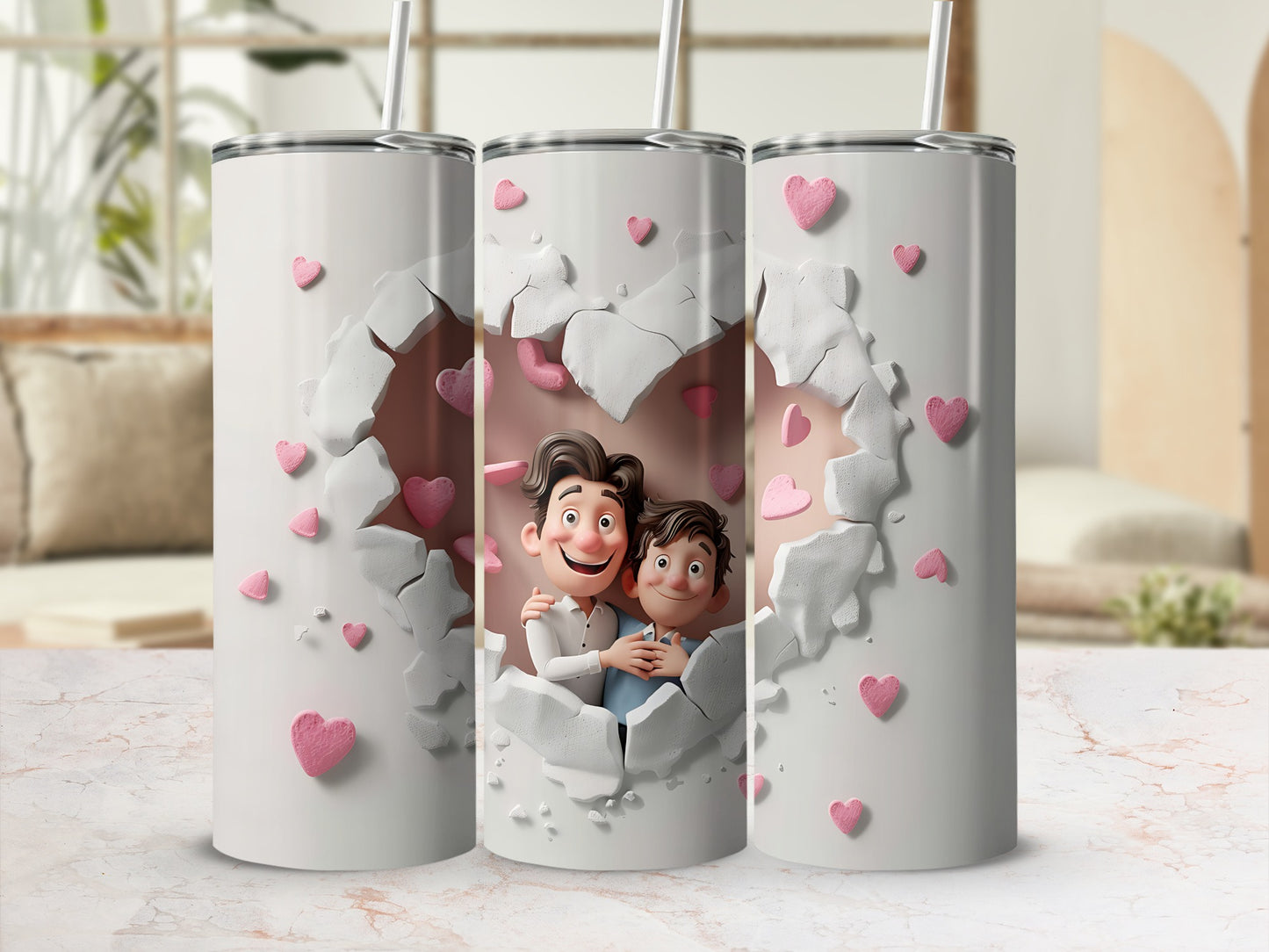 Two cartoon men hugging through a cracked heart design on a white tumbler.