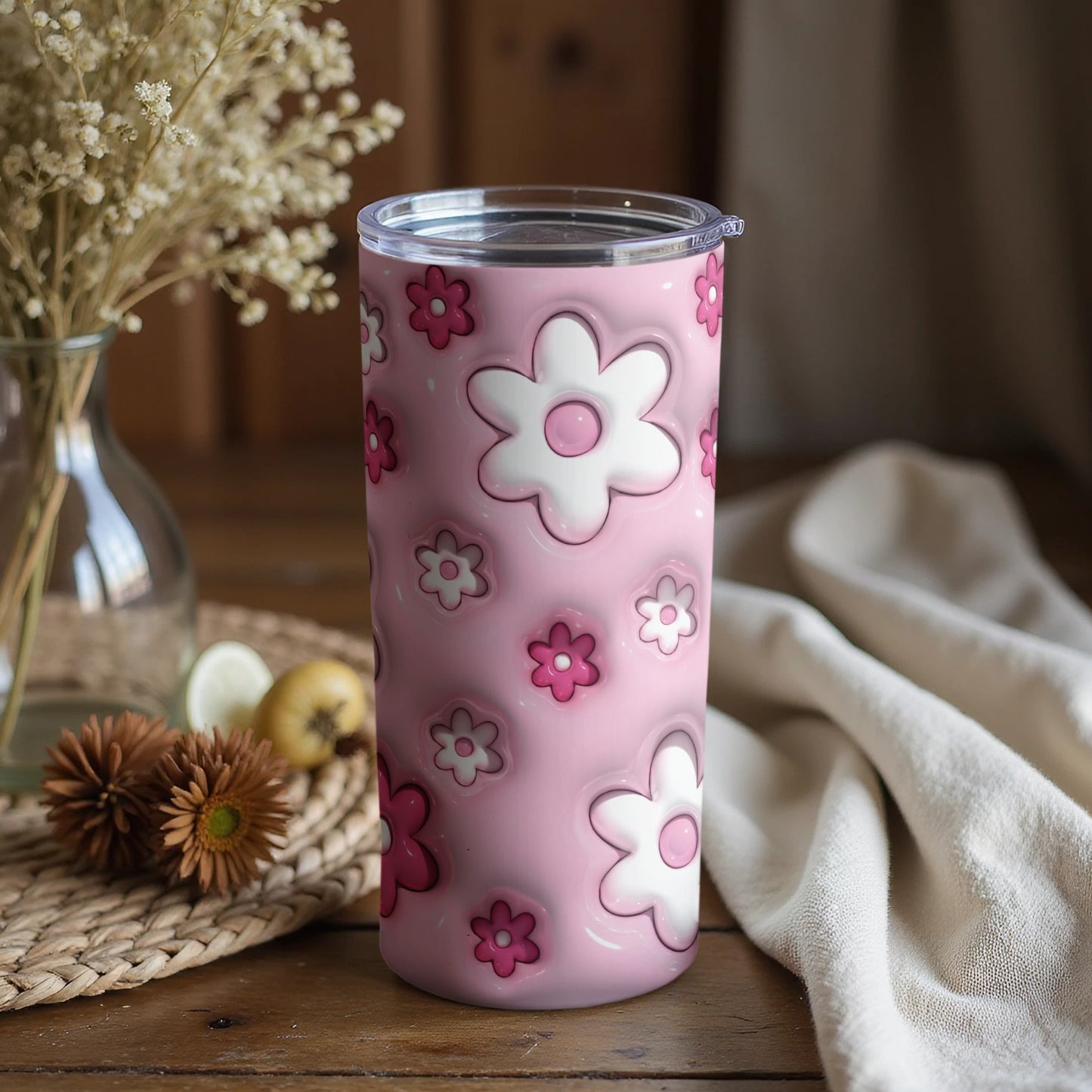 Pink Floral Design Insulated Tumbler Cup 20oz