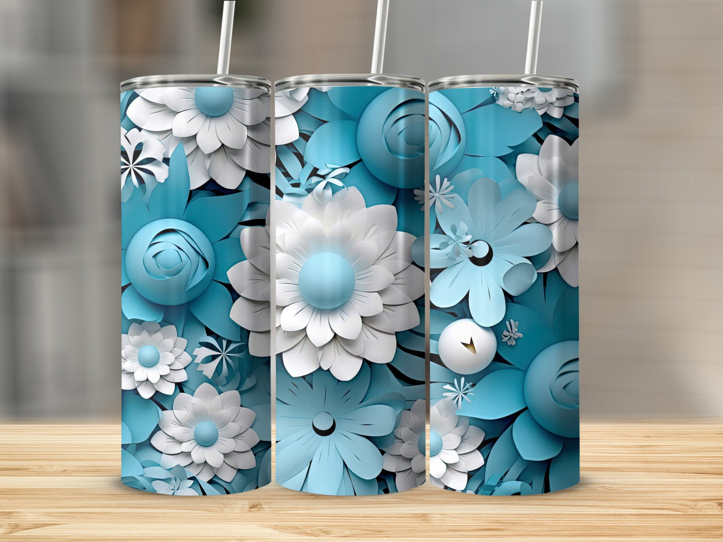 Blue and White Floral Pattern Insulated Tumbler