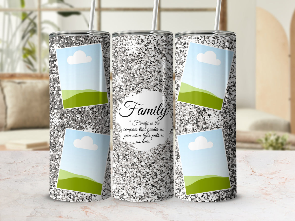 Glittery tumblers with photo frames and the quote "Family is the compass."