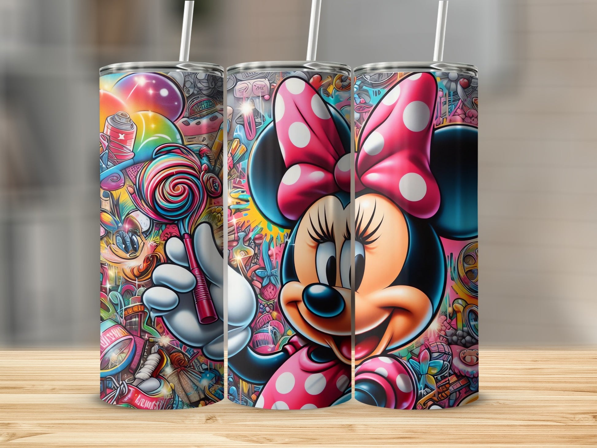 Colorful Minnie Mouse Art Tumbler with Lollipop Design