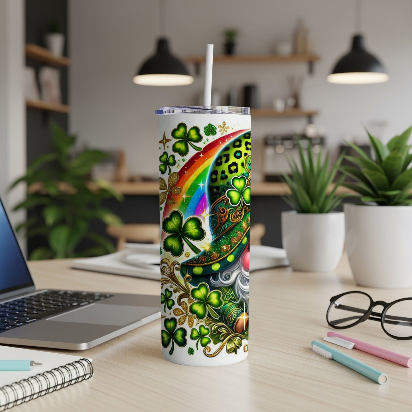 St. Patrick's Day tumbler with shamrocks, rainbow, and gnome.