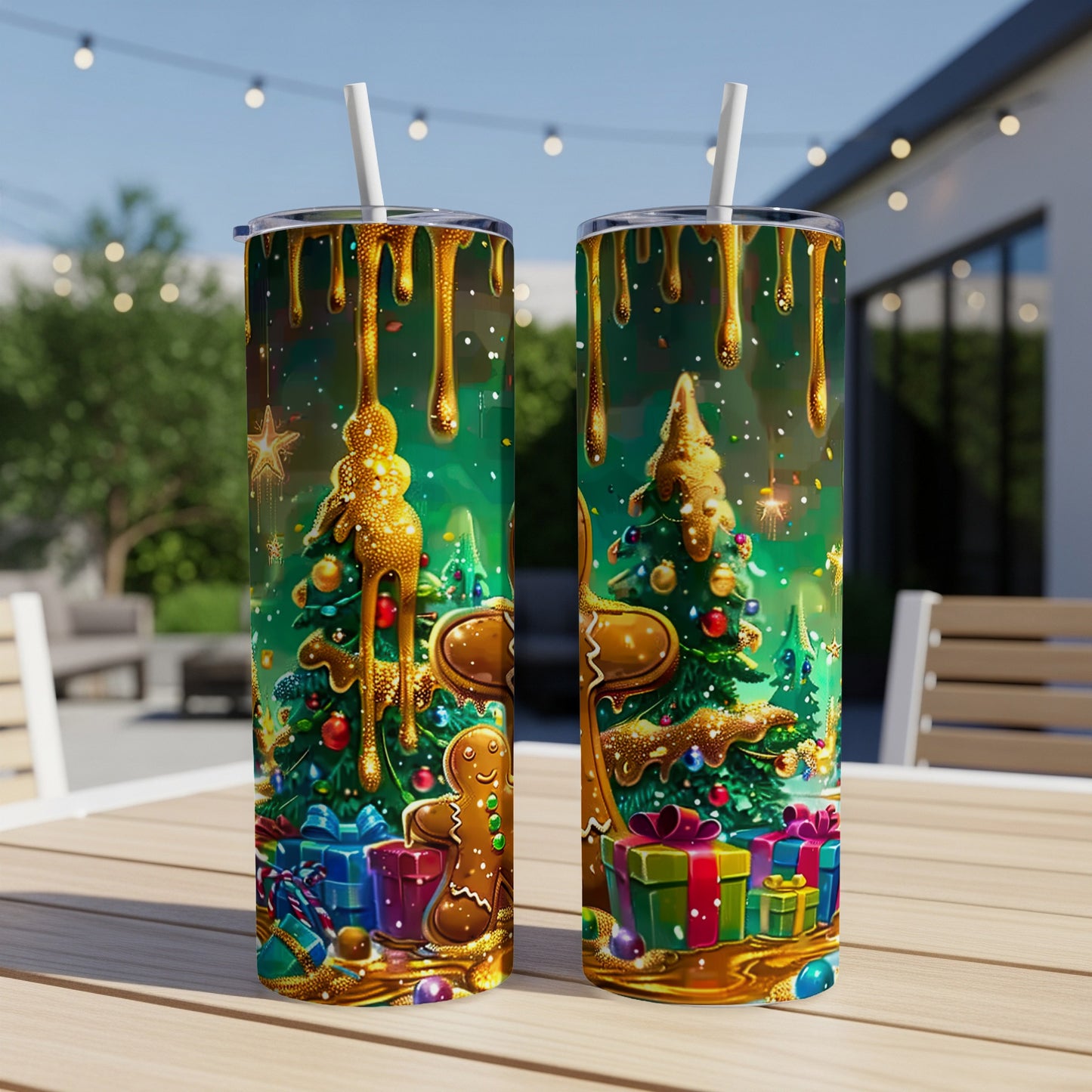 Two festive tumblers with a Christmas tree and gingerbread man design.