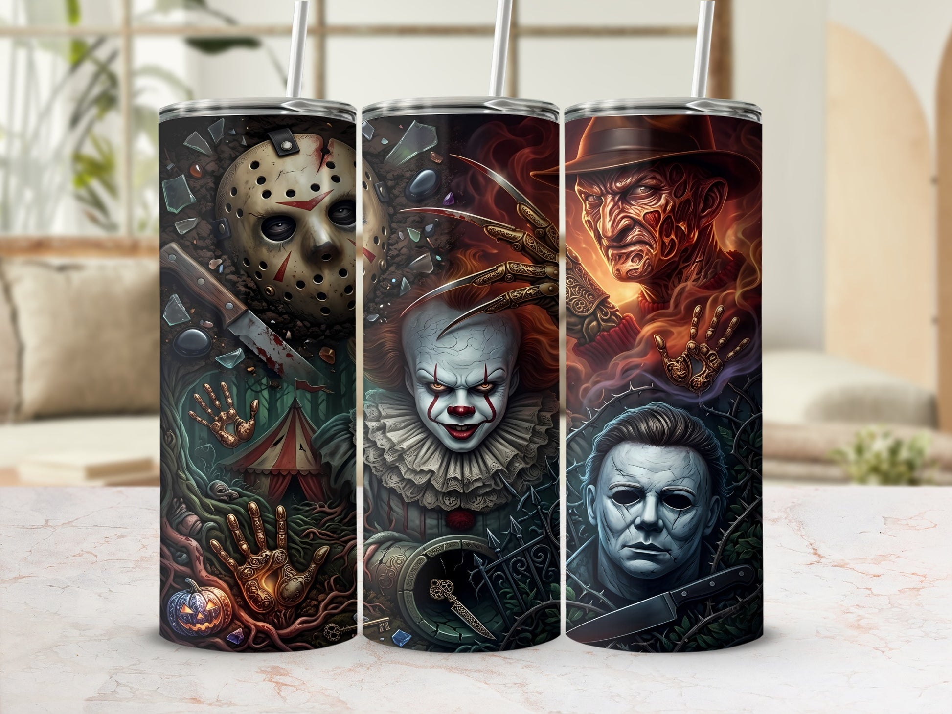 Three tumblers with horror icons: Jason Voorhees, Pennywise, Freddy Krueger, and Michael Myers.