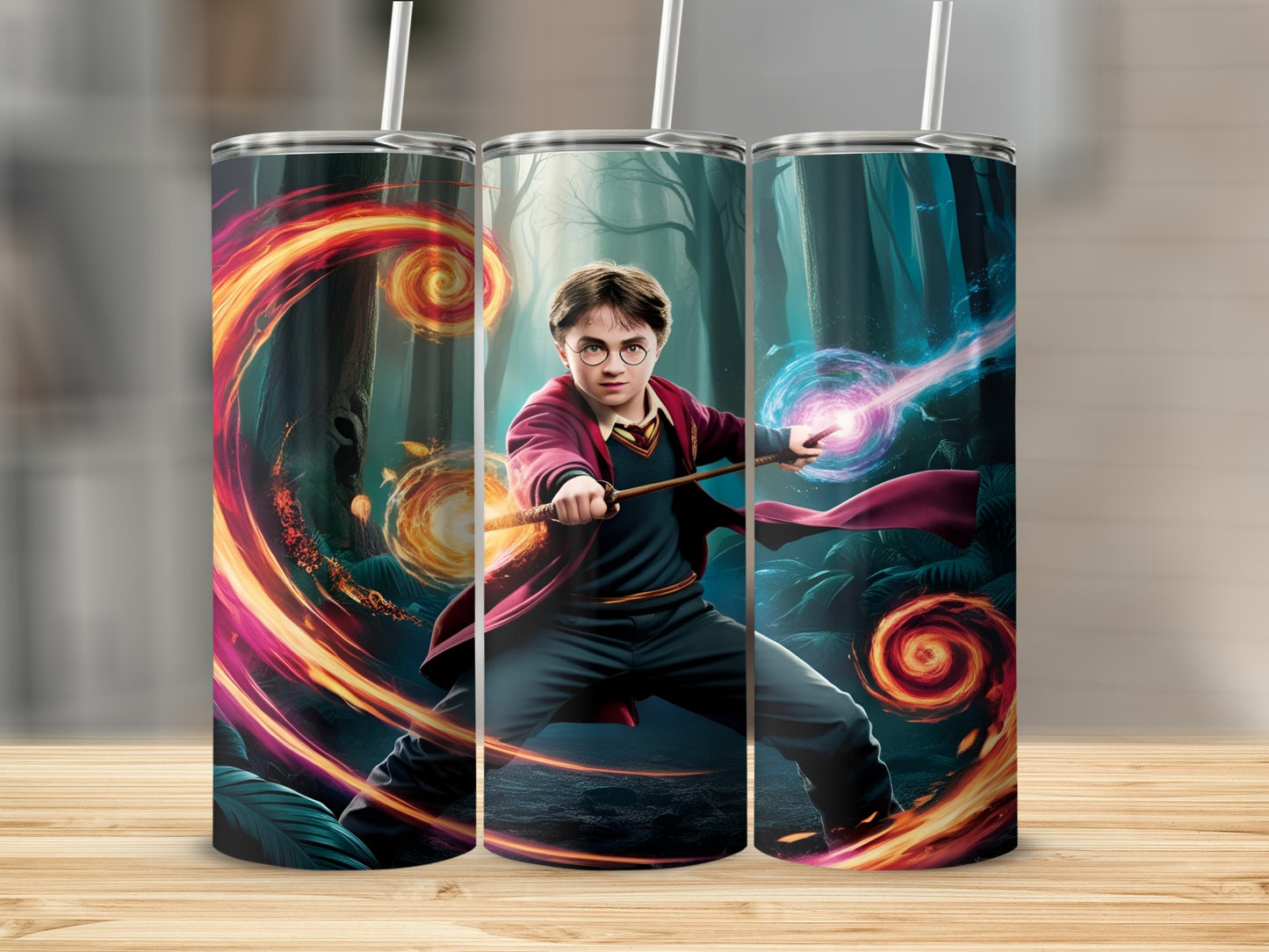 Harry Potter casting a spell in a magical forest.