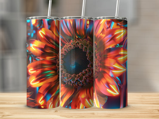 Three colorful, illuminated sunflower tumblers with straws on a wooden surface.